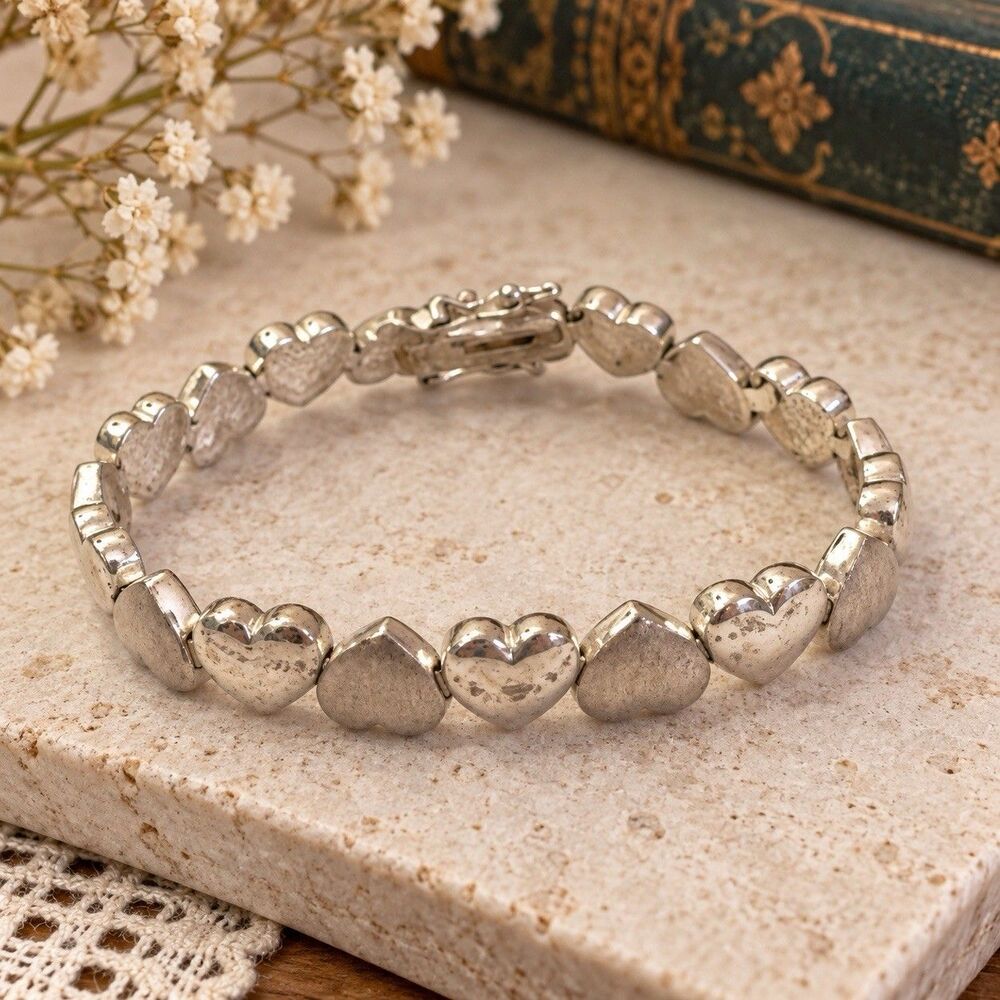 Vintage FAS Sterling Silver Puffy Heart Link Bracelet 7” Chunky 925 Jewelry